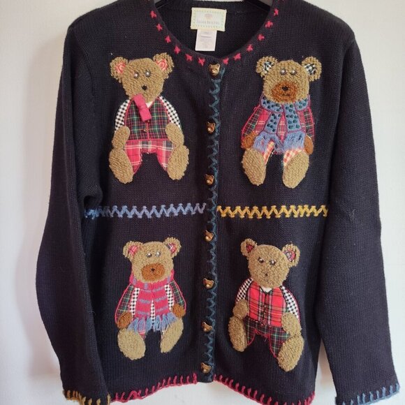 Ladies SZ PM Vintage Black Bear/Package Christmas Cardigan Sweater - Picture 1 of 6